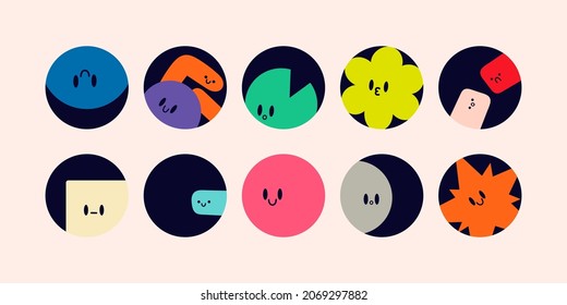 Round abstract Icons. Funny comic Faces with various Emotions in circles. Various abstract creatures. Different colorful characters. Cartoon style. Flat design. Hand drawn modern Vector illustration