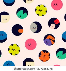 Round abstract Icons. Funny comic Faces with various Emotions in circles. Various abstract creatures. Different colorful characters. Cartoon style. Flat design. Hand drawn Vector seamless Pattern