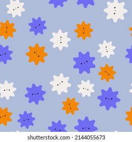 Round abstract Icons. Funny comic Faces with various Emotions in circles. Various abstract creatures. Different colorful characters. Cartoon style. Flat design. Hand drawn Vector seamless Pattern