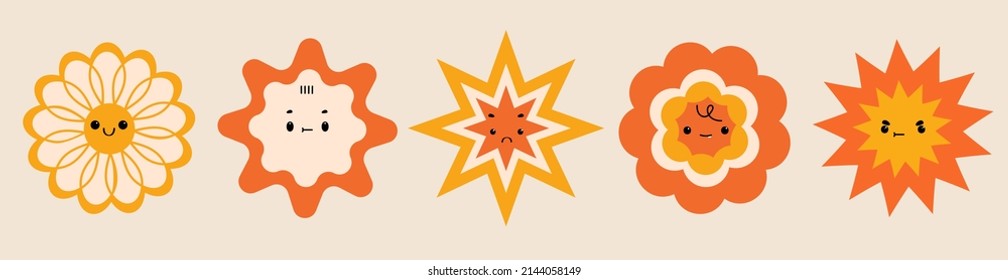 Round abstract Icons. Funny comic Faces with various Emotions in circles. Various abstract creatures. Different colorful characters. Cartoon style. Flat design. 