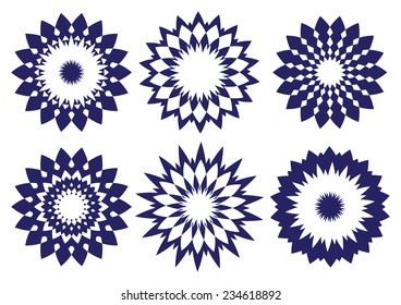 Round abstract kaleidoscope-inspired design element. Vector pattern in midnight blue isolated on white background