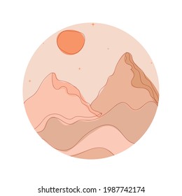 Round abstract landscape. Desert. Boho style. Minimalistic landscape. One line. Trendy print of nature, for logo, sticker, for decor, background, for packaging, for web design.