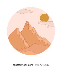 Round abstract landscape. Desert. Boho style. Minimalistic landscape. One line. Trendy print of nature, for logo, sticker, for decor, background, for packaging, for web design.