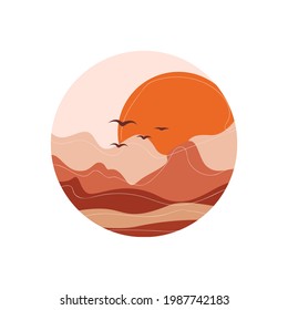 Round abstract landscape. Desert. Boho style. Minimalistic landscape. One line. Trendy print of nature, for logo, sticker, for decor, background, for packaging, for web design.