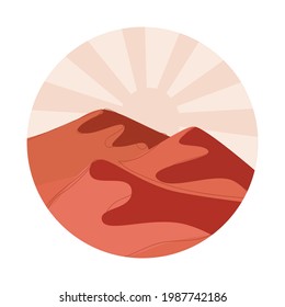Un paisaje redondo y abstracto. Desierto. Estilo boho. Un paisaje minimalista. Una línea. Impresión de moda de la naturaleza, para logo, pegatina, para decoración, fondo, para empaque, para diseño web.