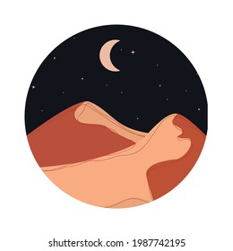 Un paisaje redondo y abstracto. Desierto. Estilo boho. Un paisaje minimalista. Una línea. Impresión de moda de la naturaleza, para logo, pegatina, para decoración, fondo, para empaque, para diseño web.