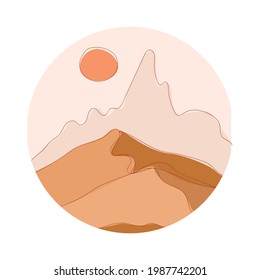 Round abstract landscape. Desert. Boho style. Minimalistic landscape. One line. Trendy print of nature, for logo, sticker, for decor, background, for packaging, for web design.