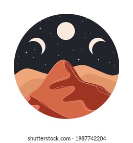 Round abstract landscape. Desert. Boho style. Minimalistic landscape. One line. Trendy print of nature, for logo, sticker, for decor, background, for packaging, for web design.