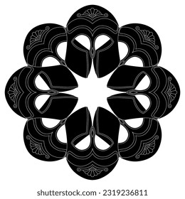 Round abstract mandala or star shape ornament with antique helmets. Black and white silhouette.