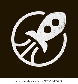 round abstract minimalistic white cartoon scratched sign of spaceship taking off