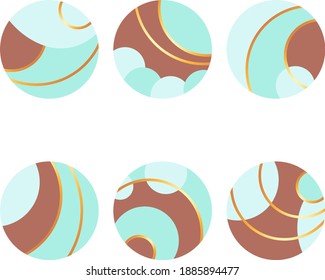 Íconos redondos abstractos de menta e iconos marrones con rayas doradas