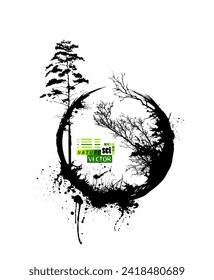 Round abstract nature. With trees. hand drawing. Not AI. Vector illustration
