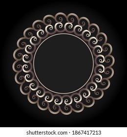 Round abstract ornament. Decorative openwork round frame with a gold floral pattern on a black background. Elegant element for design.