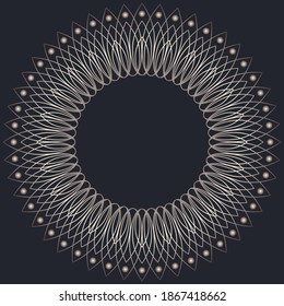 Round abstract ornament. Decorative openwork round floral frame with a gold pattern on a dark background. Elegant element for design.
