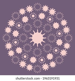 Round abstract ornament with light coral suns on a gray violet background. Vector, eps 10.