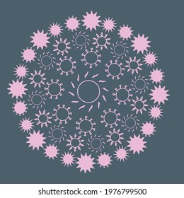 Round abstract ornament with pink suns on a grey background. Vector, eps 10.