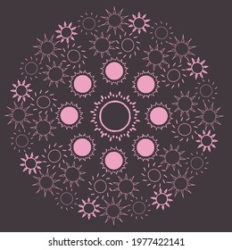 Round abstract ornament with rose suns on a dark background. Vector, eps 10.
