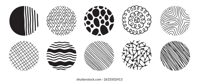 round abstract pattern hand drawn doodle shapes. spots, drops, curves and lines. trendy vector circles template. Vector illustration