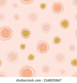 Round abstract scribble seamless pattern. Hand drawn shapes in pink and gold color palette. Vector organic background with doodle lines, dots and bubbles.