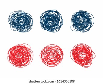 Round abstract scribbles. Set of isolated elements drawn by hand. Sketch, doodle, scrawl. Vector illustration.