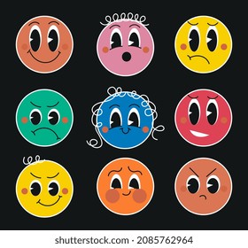 Round abstract set. Collection of funny retro badges for children. Emotions, emoticons, emoji, stickers, labels in vintage style. Cartoon flat vector illustrations isolated on black background