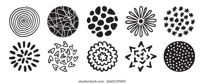 Impresión de Formas abstractas redondas para el diseño de emblemas, carteles, pegatinas o redes sociales. Elementos circulares dibujados a mano modernos. Ilustración vectorial