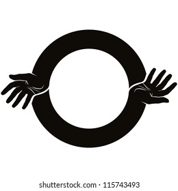 Round abstract symbol with hands, vector.