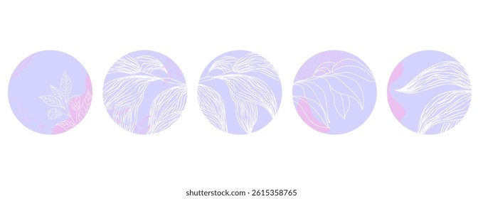 Round abstract templates with white botanical line art on soft violet and pink background. Modern minimalist design for social media, branding, and aesthetic decoration.