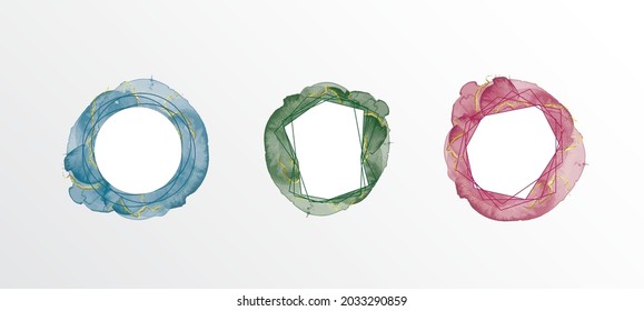 Marco redondo, abstracto, moderno, moderno y poligonal. Geométrica, de forma diamantífera con trazos de brotes de color agua con brillo dorado. Plantilla mínima para diseño creativo, postales, invitaciones.