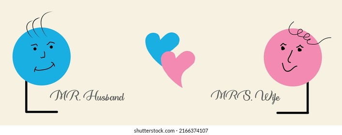 Round abstract two comic Faces portrait as Mr. Husband and Mrs. Wife with Crayon drawing style and hearts. two colorful characters. Cartoon style. Flat design. Hand drawn trendy Vector illustration.