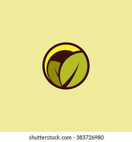 Round abstract vector logo. Landscape view illustration. Sunrise, sunset image. Green garden icon. Green and yellow colors. Nature label. Sunny day. Agricultural image. Farm. Spring. Summer.