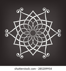 Round abstract vector ornament on dark background. Six pointed circular pattern. Mandala. 