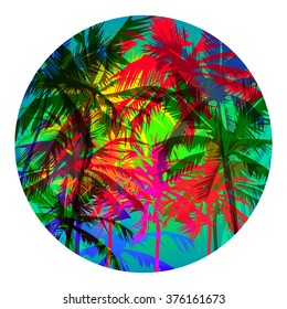 Round abstract vector tropical background with palm trees