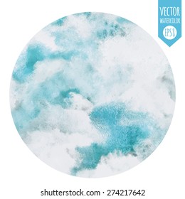 Round abstract watercolor vector background. Cloudy heaven. Circle shape. Blue sky, shades of white. Painted backdrop. Fresco imitation.