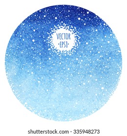 Round abstract winter background. Blue gradient watercolor circle with falling snow splash texture. Christmas, New Year template. Hand drawn snowfall. Snowflakes are removable.