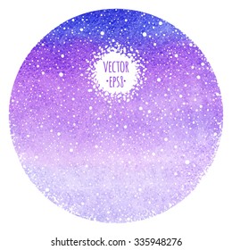 Round abstract winter background. Violet and lilac gradient watercolor circle with falling snow splash texture. Christmas, New Year template. Hand drawn snowfall. Snowflakes are removable.