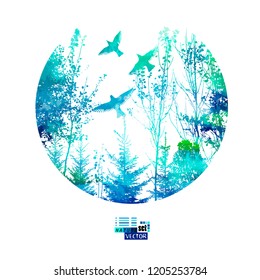 Round abstraction with birds and trees