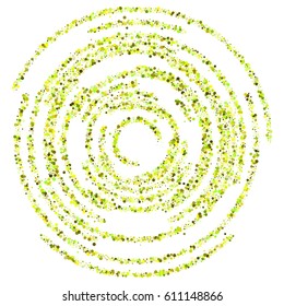 Round abstraction with multiple colorful circles on white background. Vector illustration, confetti pattern. Mustard color and green elements organized in ring shape. Ecological graphic design.