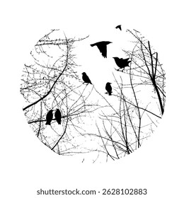 Round abstraction of tree branch and bird. hand drawn. Not AI, Vector illustration.