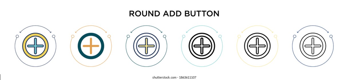 Round add button icon in filled, thin line, outline and stroke style. Vector illustration of two colored and black round add button vector icons designs can be used for mobile, ui, web