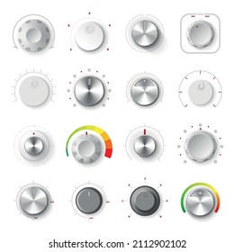 Round adjustment dial on white background realistic set of analogue knobs for level control isolated vector illustration