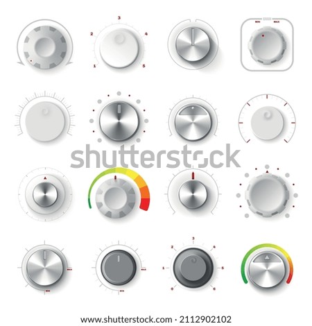 Round adjustment dial on white background realistic set of analogue knobs for level control isolated vector illustration