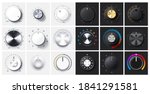 Round adjustment dial. Regulator knob, volume level and analog Min Max dials with realistic shadow and radial metal gradient. 3D Knobs on black and white backgrounds vector set