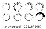 Round adjustment dial. Regulator knob, volume level and analog Min Max dials .lack and white backgrounds vector set