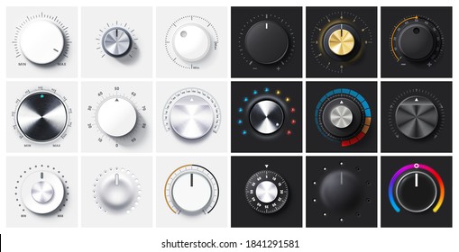Round adjustment dial. Regulator knob, volume level and analog Min Max dials with realistic shadow and radial metal gradient. 3D Knobs on black and white backgrounds vector set