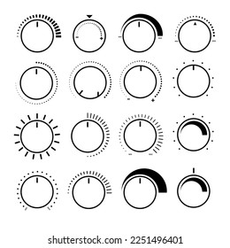 Round adjustment dial. Regulator knob, volume level and analog Min Max dials. lack and white backgrounds vector set