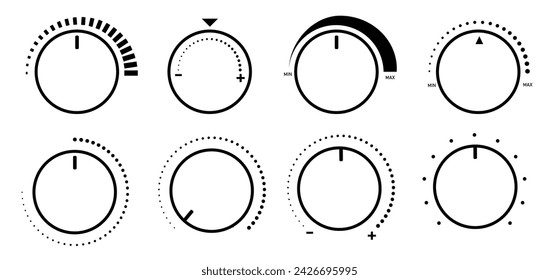 Round adjustment dial. Regulator knob, volume level and analog Min Max dials .lack and white backgrounds vector set.