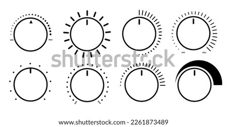 Round adjustment dial. Regulator knob, volume level and analog Min Max dials .lack and white backgrounds vector set