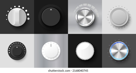 Round adjustment rotary dial vector. Volume level knob or switcher realistic mockup set. Min and Max radial selector, sound or power controller illustration