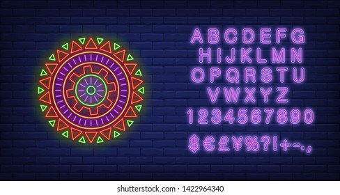 Round African pattern neon sign. Pattern, ethnic ornament, decor design. Night bright neon sign, colorful billboard, light banner. Vector illustration in neon style.